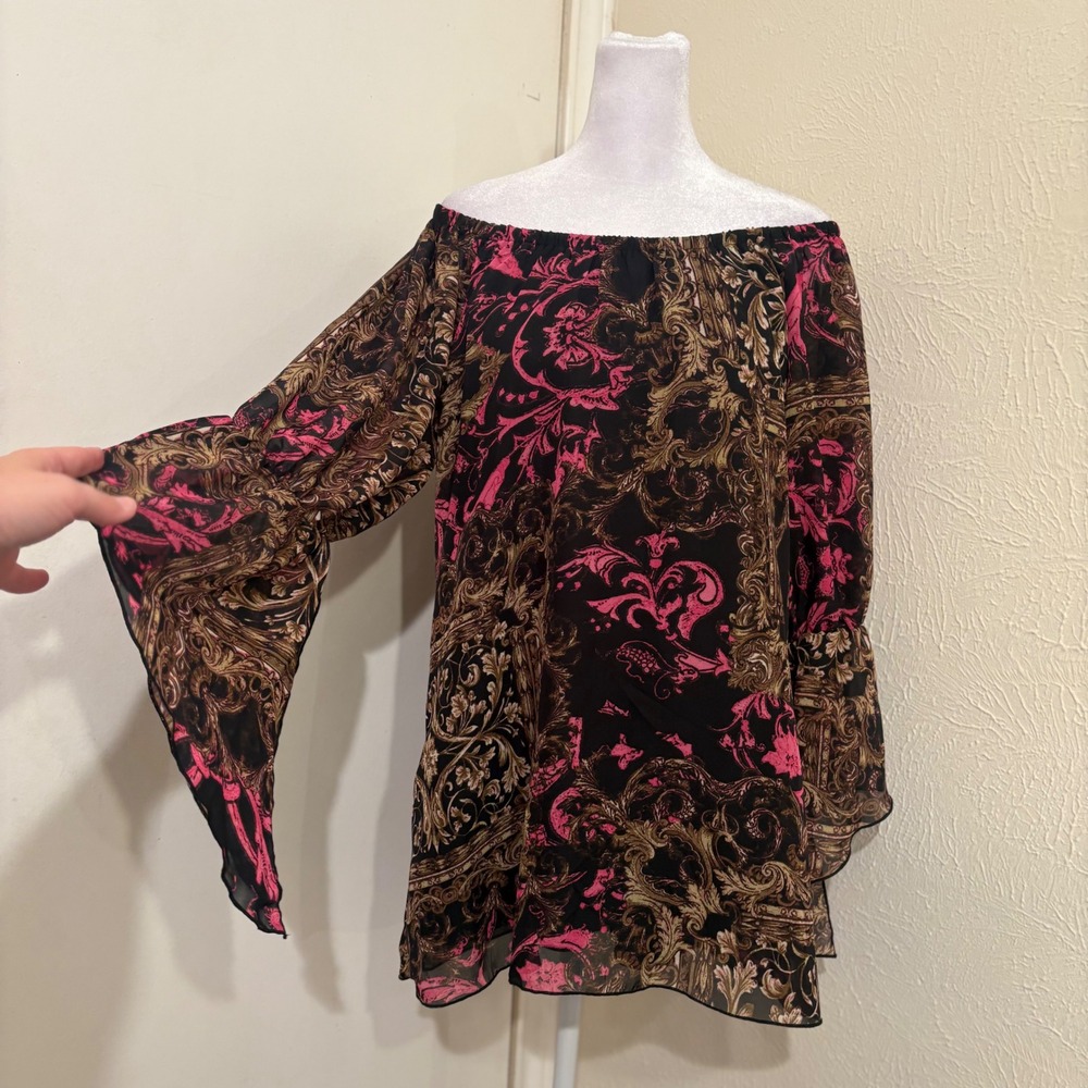 Y2K Off Shoulder Bell Sleeve Fairy Blouse Pink Black Gold Baroque Damask McBling